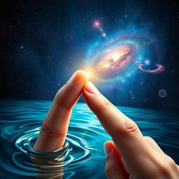 An artistic depiction of two fingertips gracefully touching, one emerging from the ocean and the other from the vastness of space
