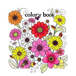 A captivating coloring book cover design featuring an array of colorful flowers, including daisies, sunflowers, and hibiscus, intricately illustrated in bold lines, ready to be colored in