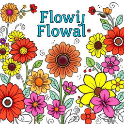 A captivating coloring book cover design featuring an array of colorful flowers, including daisies, sunflowers, and hibiscus, intricately illustrated in bold lines, ready to be colored in