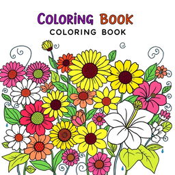 A captivating coloring book cover design featuring an array of colorful flowers, including daisies, sunflowers, and hibiscus, intricately illustrated in bold lines, ready to be colored in