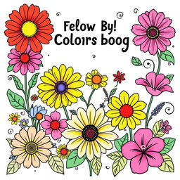 A captivating coloring book cover design featuring an array of colorful flowers, including daisies, sunflowers, and hibiscus, intricately illustrated in bold lines, ready to be colored in