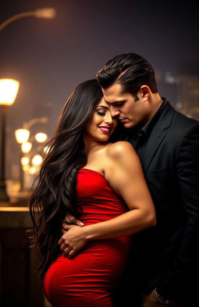 A romantic scene between a glamorous woman and a rugged, handsome man in a mafia setting, featuring a city skyline backdrop at night, softly illuminated by streetlights