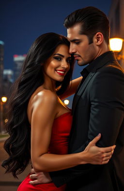 A romantic scene between a glamorous woman and a rugged, handsome man in a mafia setting, featuring a city skyline backdrop at night, softly illuminated by streetlights