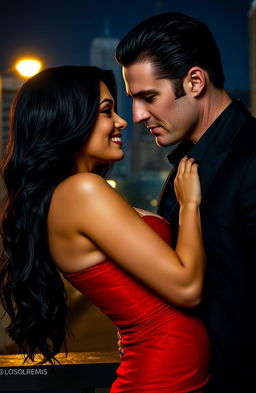 A romantic scene between a glamorous woman and a rugged, handsome man in a mafia setting, featuring a city skyline backdrop at night, softly illuminated by streetlights