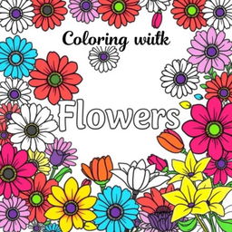 An enchanting coloring book cover design featuring an elaborate display of colorful flowers, including vibrant daisies, tulips, and lilies, each intricately drawn with bold black outlines suitable for coloring