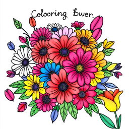 An enchanting coloring book cover design featuring an elaborate display of colorful flowers, including vibrant daisies, tulips, and lilies, each intricately drawn with bold black outlines suitable for coloring