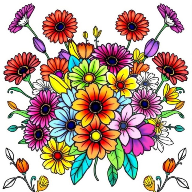 An enchanting coloring book cover design featuring an elaborate display of colorful flowers, including vibrant daisies, tulips, and lilies, each intricately drawn with bold black outlines suitable for coloring