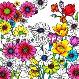 An enchanting coloring book cover design featuring an elaborate display of colorful flowers, including vibrant daisies, tulips, and lilies, each intricately drawn with bold black outlines suitable for coloring