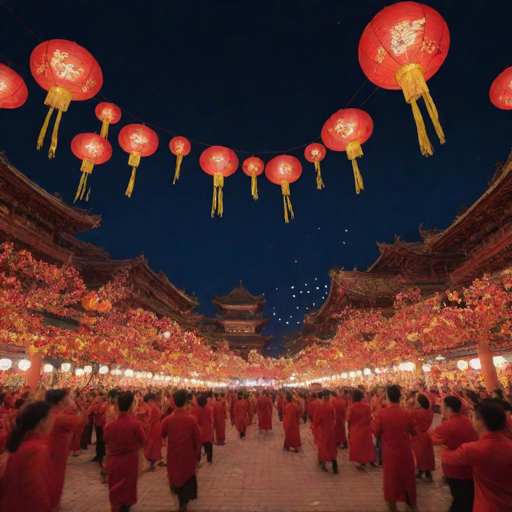 A dynamic, animated depiction of Chinese New Year celebrations, complete with radiant lanterns, swirling dragon dances, firecrackers, under a breathtaking night sky