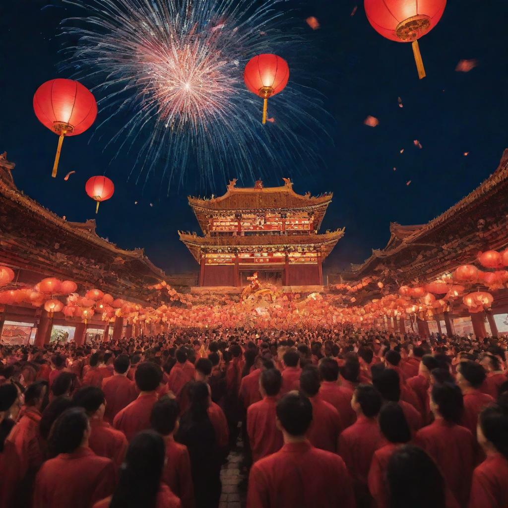 A dynamic, animated depiction of Chinese New Year celebrations, complete with radiant lanterns, swirling dragon dances, firecrackers, under a breathtaking night sky