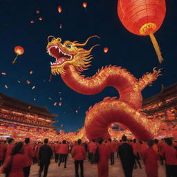 A dynamic, animated depiction of Chinese New Year celebrations, complete with radiant lanterns, swirling dragon dances, firecrackers, under a breathtaking night sky