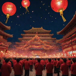 A dynamic, animated depiction of Chinese New Year celebrations, complete with radiant lanterns, swirling dragon dances, firecrackers, under a breathtaking night sky