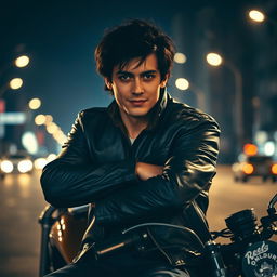 A rebellious young man in a leather jacket sitting on a motorcycle, with his arms crossed and a smirk on his face