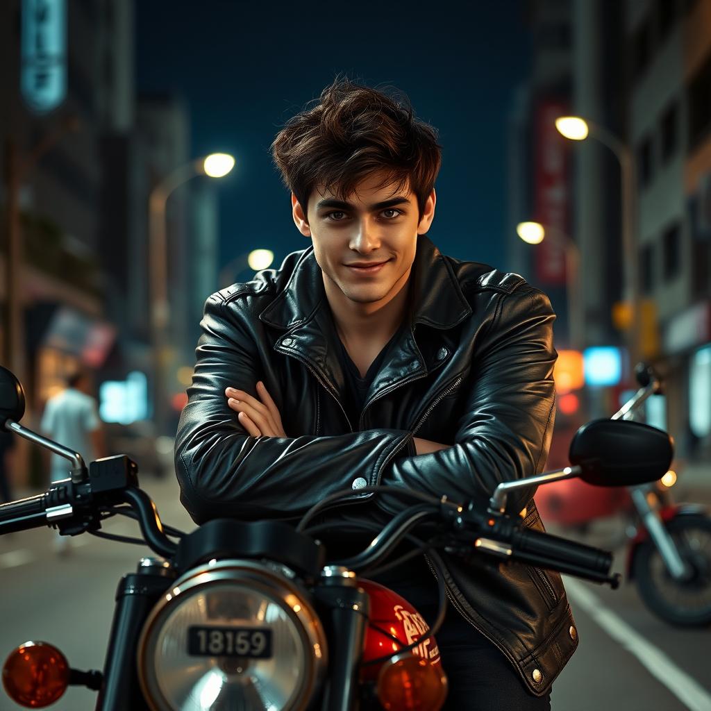 A rebellious young man in a leather jacket sitting on a motorcycle, with his arms crossed and a smirk on his face