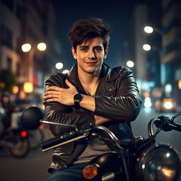 A rebellious young man in a leather jacket sitting on a motorcycle, with his arms crossed and a smirk on his face