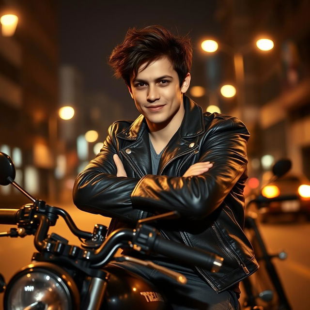 A rebellious young man in a leather jacket sitting on a motorcycle, with his arms crossed and a smirk on his face