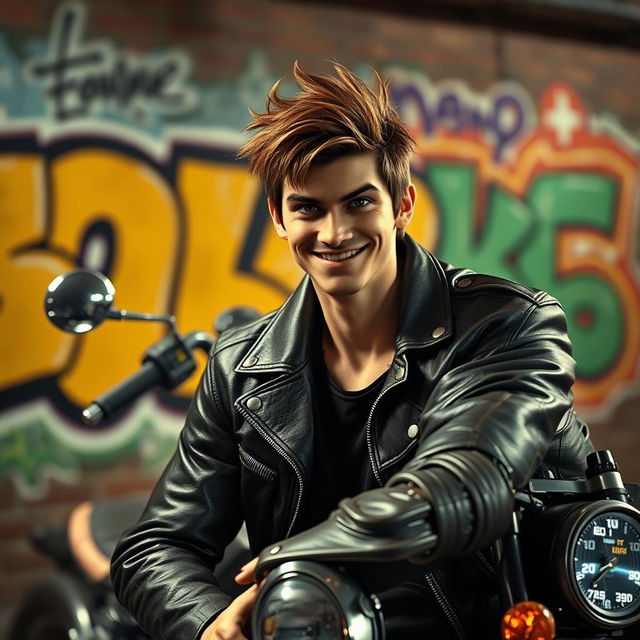 A playful bad boy character with mischievous charm, wearing a leather jacket, a confident smirk on his face, leaning against a vintage motorcycle in an urban setting