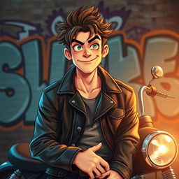 A playful bad boy character with mischievous charm, wearing a leather jacket, a confident smirk on his face, leaning against a vintage motorcycle in an urban setting