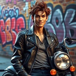 A playful bad boy character with mischievous charm, wearing a leather jacket, a confident smirk on his face, leaning against a vintage motorcycle in an urban setting