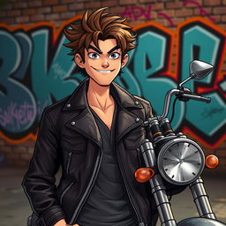 A playful bad boy character with mischievous charm, wearing a leather jacket, a confident smirk on his face, leaning against a vintage motorcycle in an urban setting