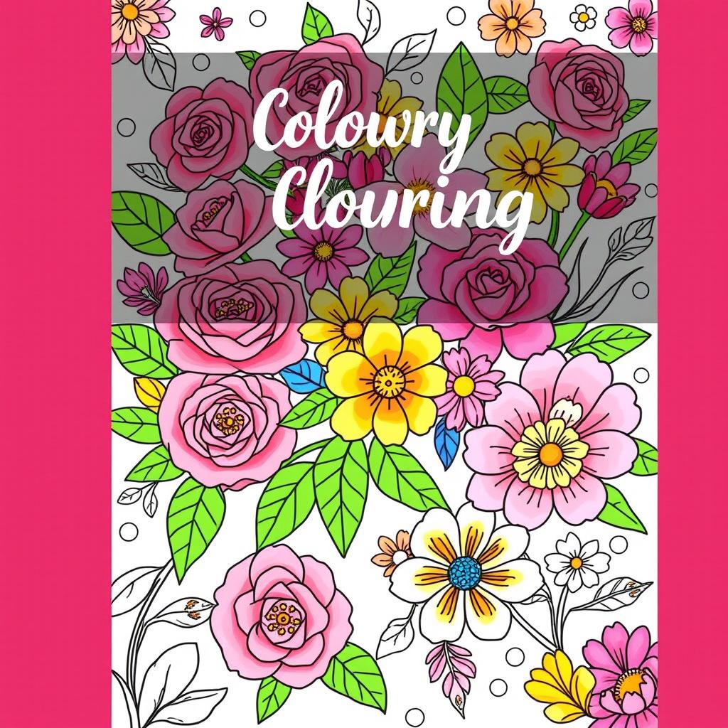A delightful coloring book cover design featuring a vibrant assortment of colorful flowers, including roses, daisies, and tulips, intricately illustrated with bold outlines perfect for coloring