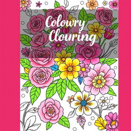 A delightful coloring book cover design featuring a vibrant assortment of colorful flowers, including roses, daisies, and tulips, intricately illustrated with bold outlines perfect for coloring