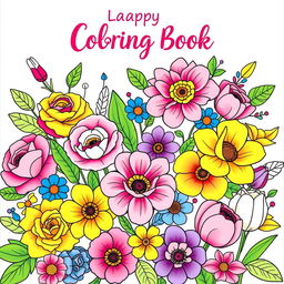 A delightful coloring book cover design featuring a vibrant assortment of colorful flowers, including roses, daisies, and tulips, intricately illustrated with bold outlines perfect for coloring