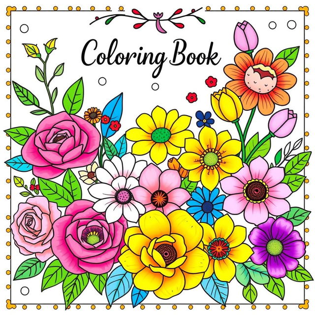 A delightful coloring book cover design featuring a vibrant assortment of colorful flowers, including roses, daisies, and tulips, intricately illustrated with bold outlines perfect for coloring