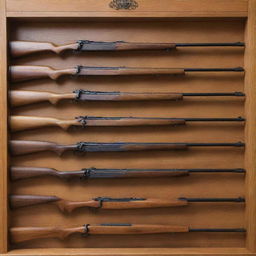 A collection of bolt-action rifles, displayed in ascending order by size on a polished oak shelf