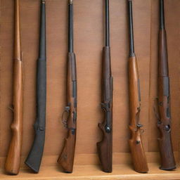 A collection of bolt-action rifles, displayed in ascending order by size on a polished oak shelf