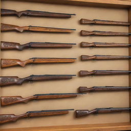 A collection of bolt-action rifles, displayed in ascending order by size on a polished oak shelf