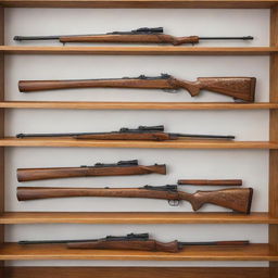 A collection of bolt-action rifles, displayed in ascending order by size on a polished oak shelf