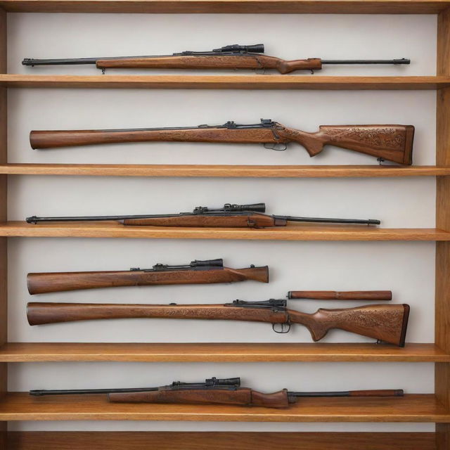 A collection of bolt-action rifles, displayed in ascending order by size on a polished oak shelf