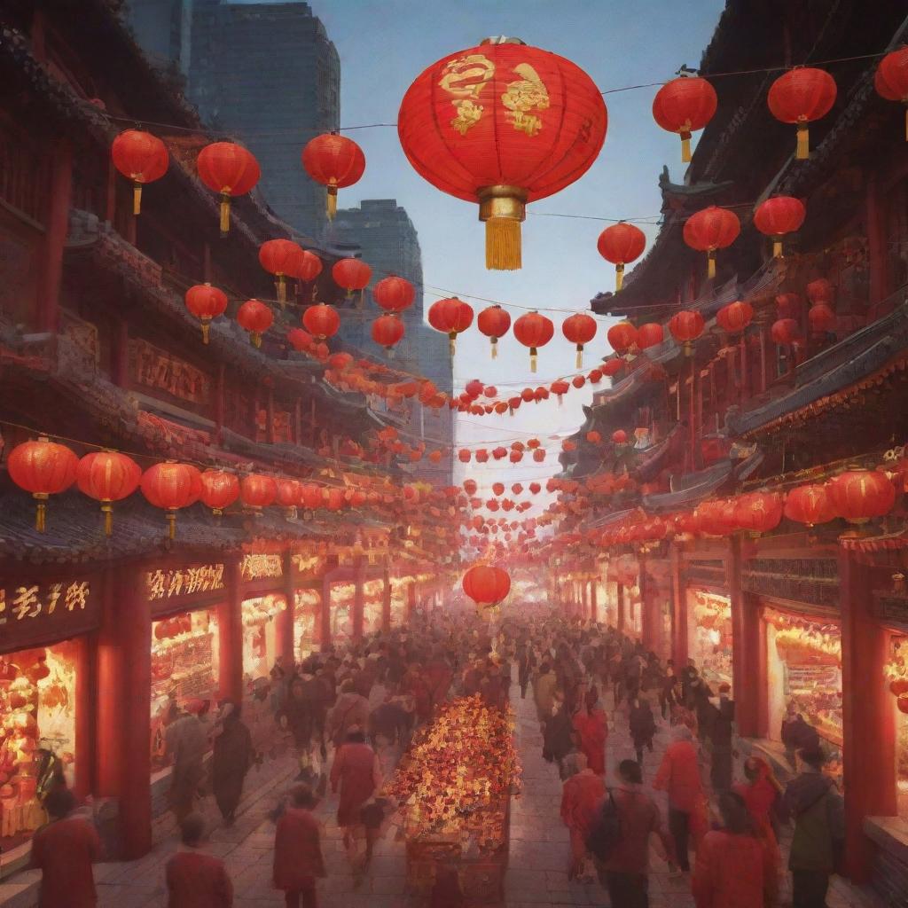 An animated depiction of Chinese New Year that includes traditional elements such as glowing red lanterns, a dragon dance, and fireworks in a bustling city setting