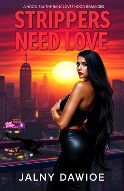 A realistic book cover for a hood romance novel featuring a confident and beautiful woman with long, flowing black hair, wearing an elegant yet sexy outfit, standing in front of a vibrant cityscape at sunset