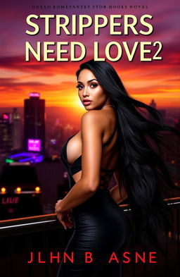 A realistic book cover for a hood romance novel featuring a confident and beautiful woman with long, flowing black hair, wearing an elegant yet sexy outfit, standing in front of a vibrant cityscape at sunset