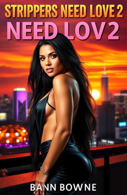 A realistic book cover for a hood romance novel featuring a confident and beautiful woman with long, flowing black hair, wearing an elegant yet sexy outfit, standing in front of a vibrant cityscape at sunset