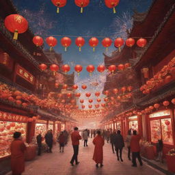 An animated depiction of Chinese New Year that includes traditional elements such as glowing red lanterns, a dragon dance, and fireworks in a bustling city setting