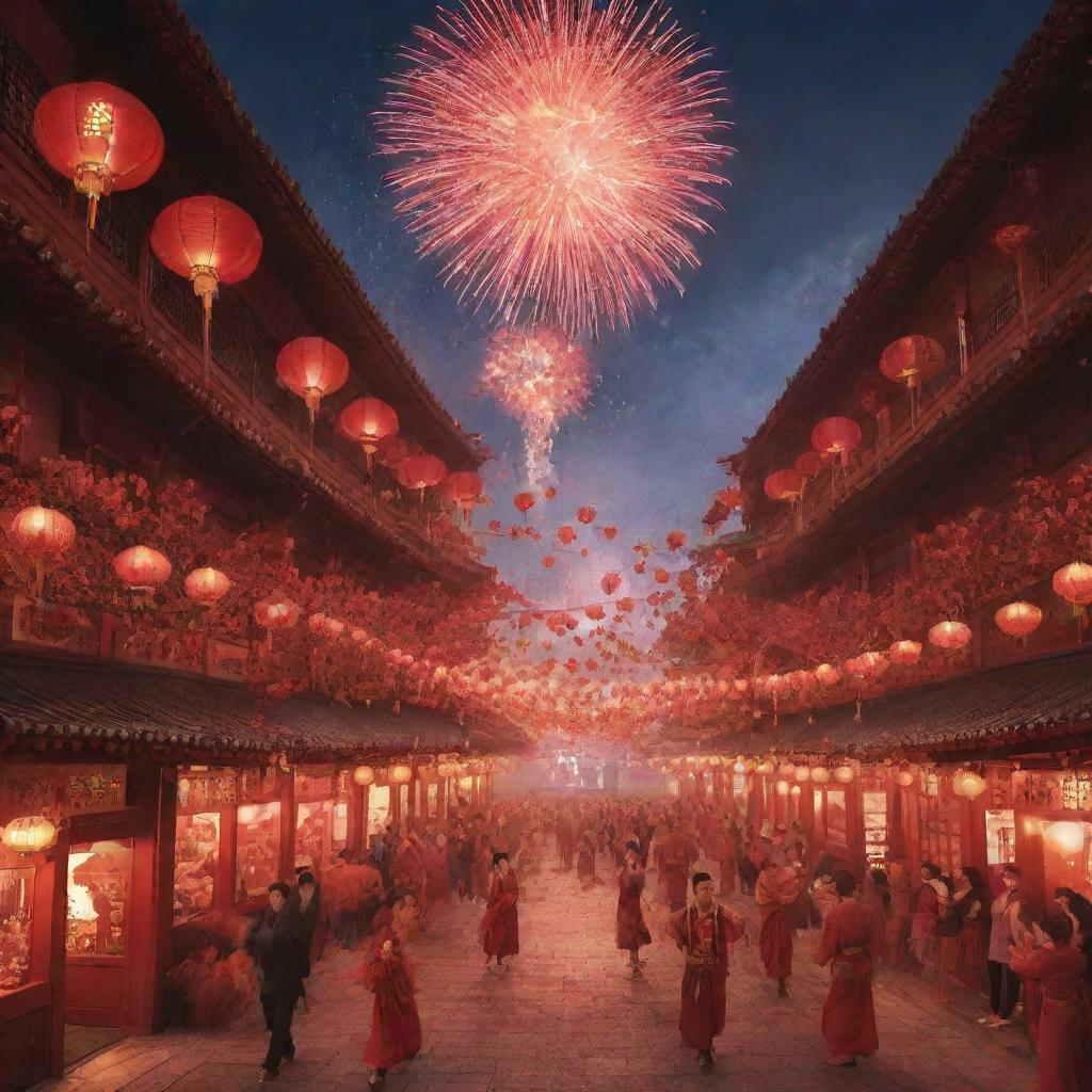 An animated depiction of Chinese New Year that includes traditional elements such as glowing red lanterns, a dragon dance, and fireworks in a bustling city setting