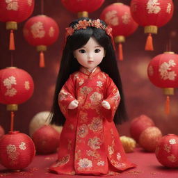 Image featuring a traditional Chinese New Year scene with a prominently displayed, beautiful doll in traditional Chinese attire, surrounded by red lanterns and fireworks