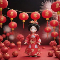 Image featuring a traditional Chinese New Year scene with a prominently displayed, beautiful doll in traditional Chinese attire, surrounded by red lanterns and fireworks