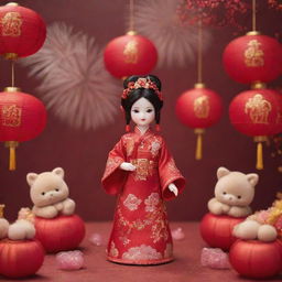 Image featuring a traditional Chinese New Year scene with a prominently displayed, beautiful doll in traditional Chinese attire, surrounded by red lanterns and fireworks