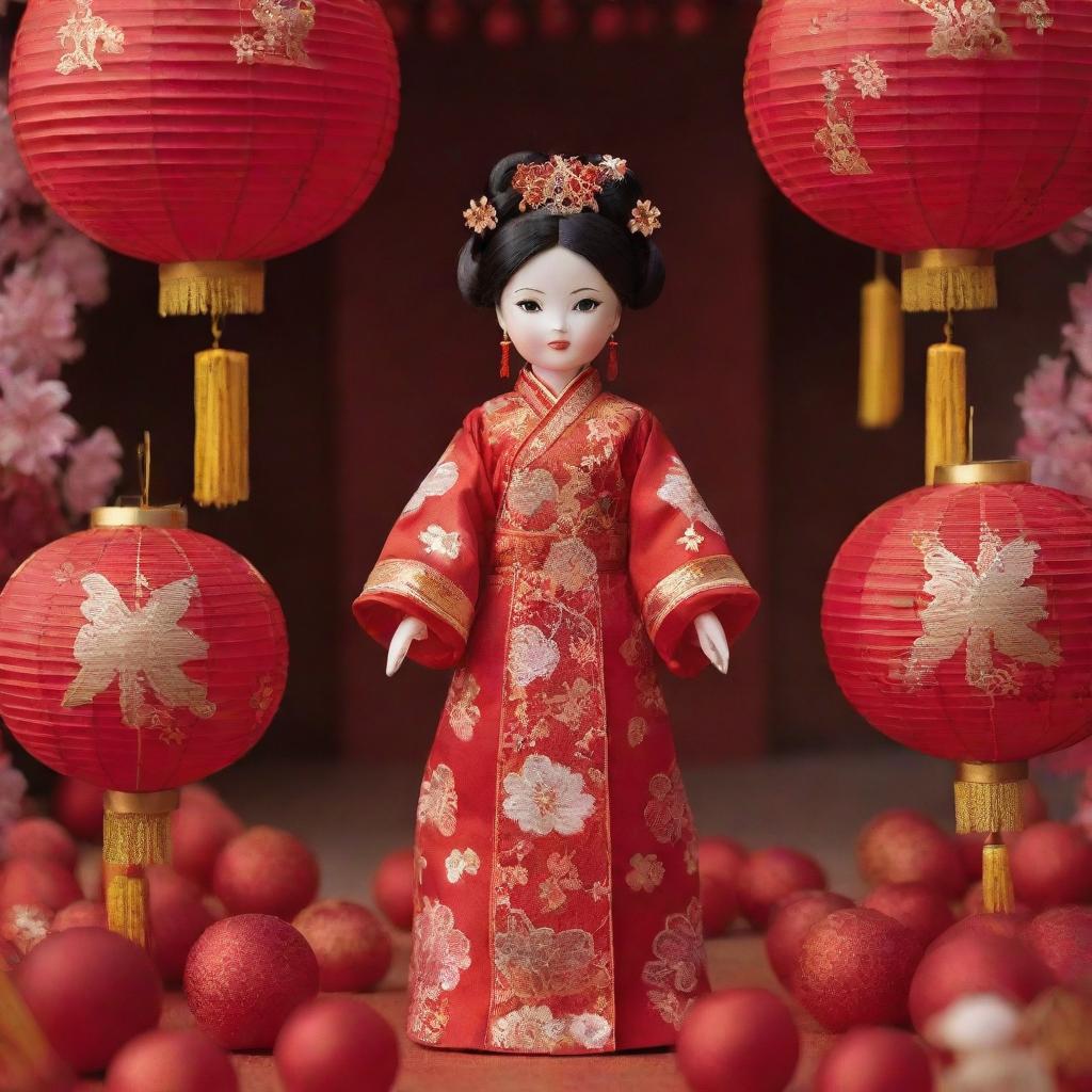 Image featuring a traditional Chinese New Year scene with a prominently displayed, beautiful doll in traditional Chinese attire, surrounded by red lanterns and fireworks