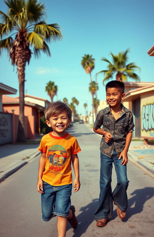 A nostalgic scene depicting two young boys in 1977 Compton, California