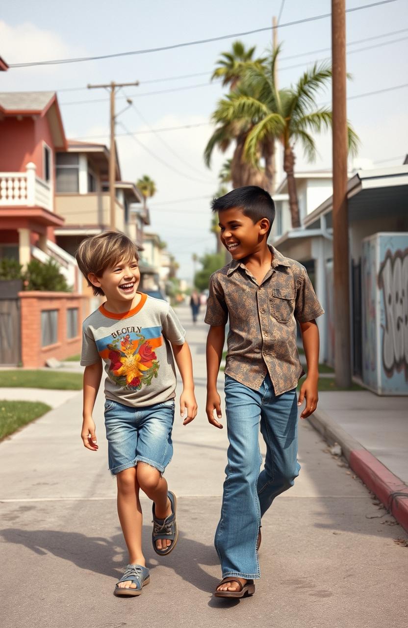 A nostalgic scene depicting two young boys in 1977 Compton, California