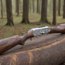 A bolt-action shotgun with an ebony handle and chrome finish. Beautiful engravings depict forest scenes along the barrel.