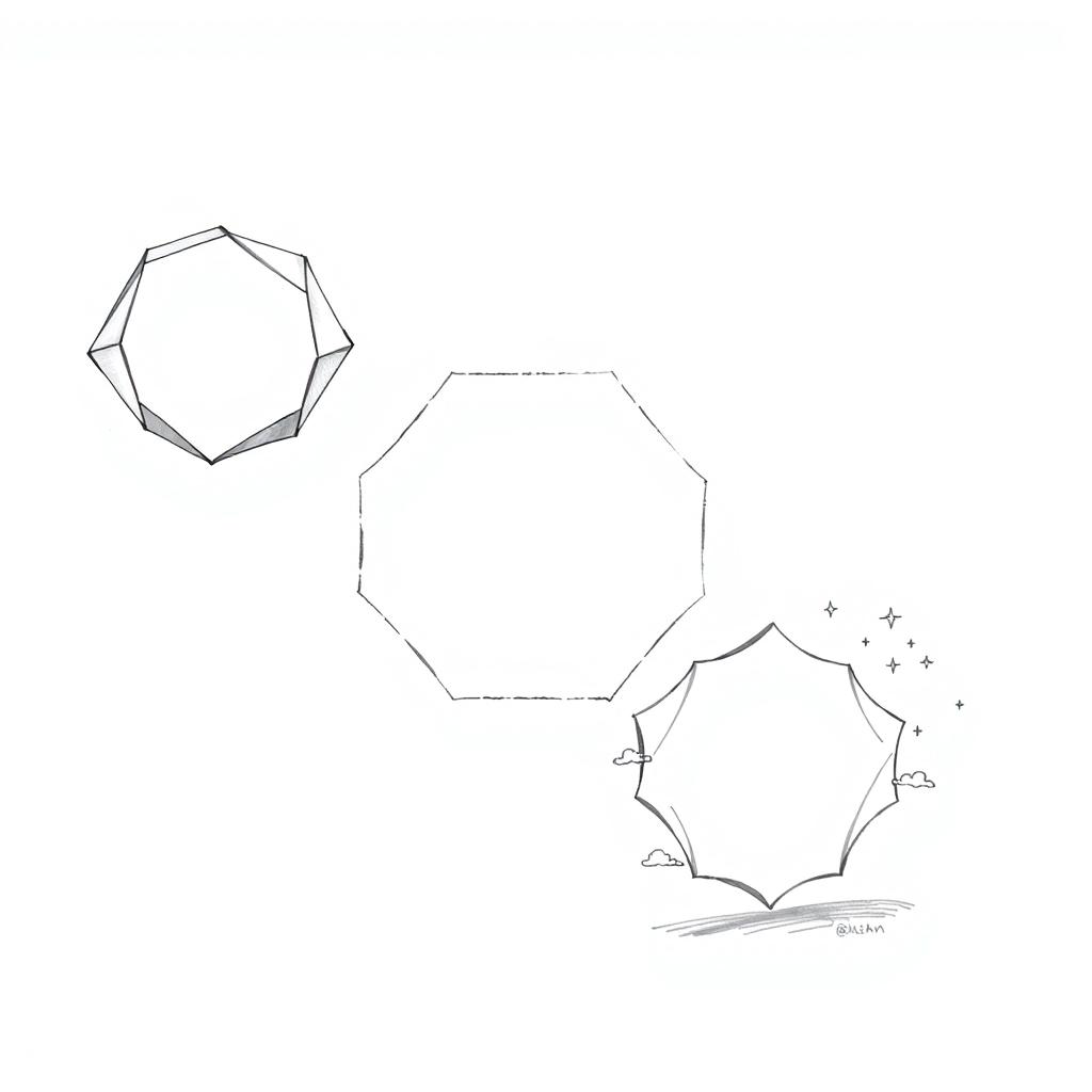 Three detailed illustrations of a regular nonagon, each showcasing a unique artistic style