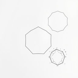 Three detailed illustrations of a regular nonagon, each showcasing a unique artistic style