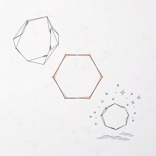 Three detailed illustrations of a regular nonagon, each showcasing a unique artistic style