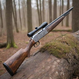 A bolt-action shotgun with an ebony handle and chrome finish. Beautiful engravings depict forest scenes along the barrel.